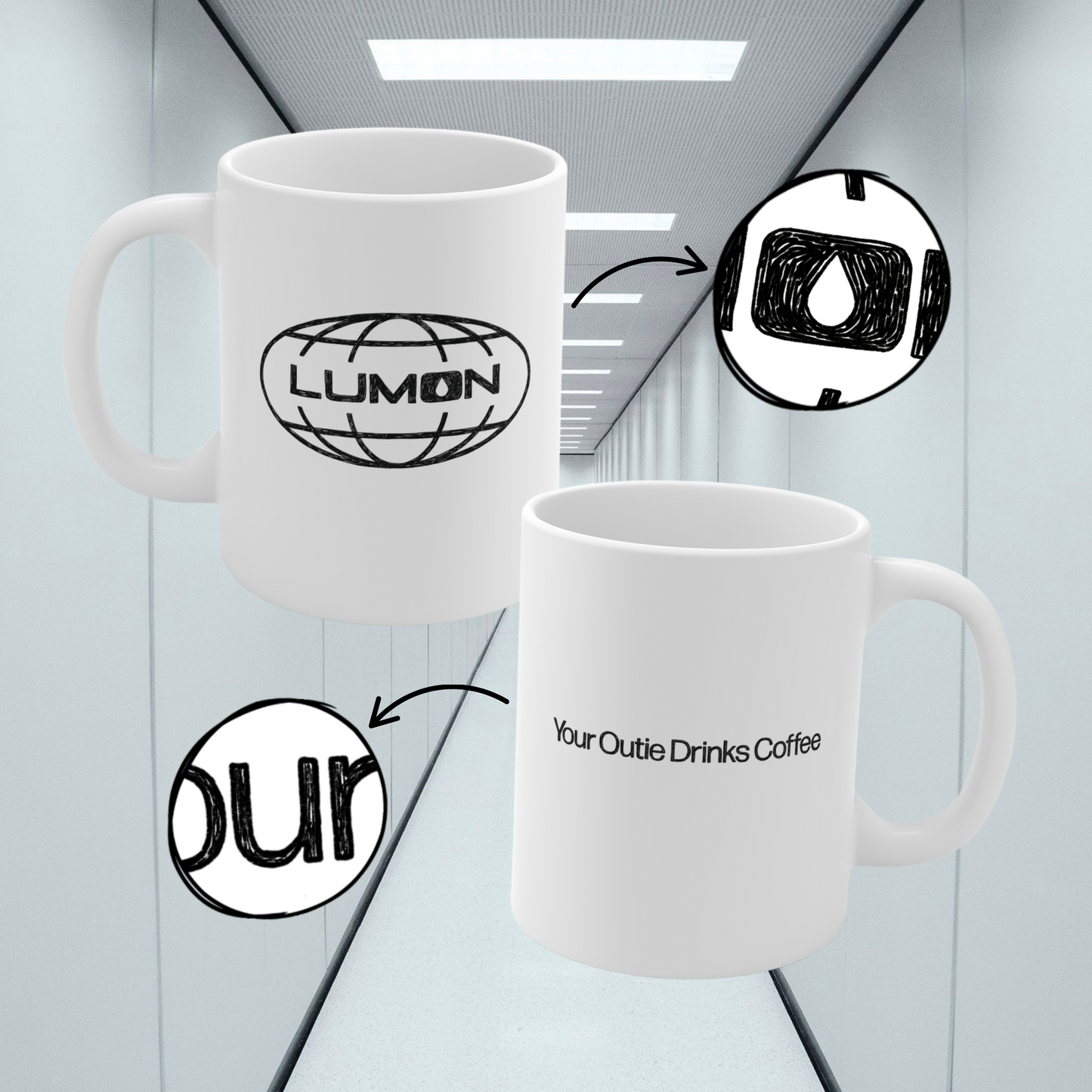 Lumon Mug - Your Outie Drinks Coffee - Severance TV Show, Badly Drawn Original Art, Funny Graphic Mug