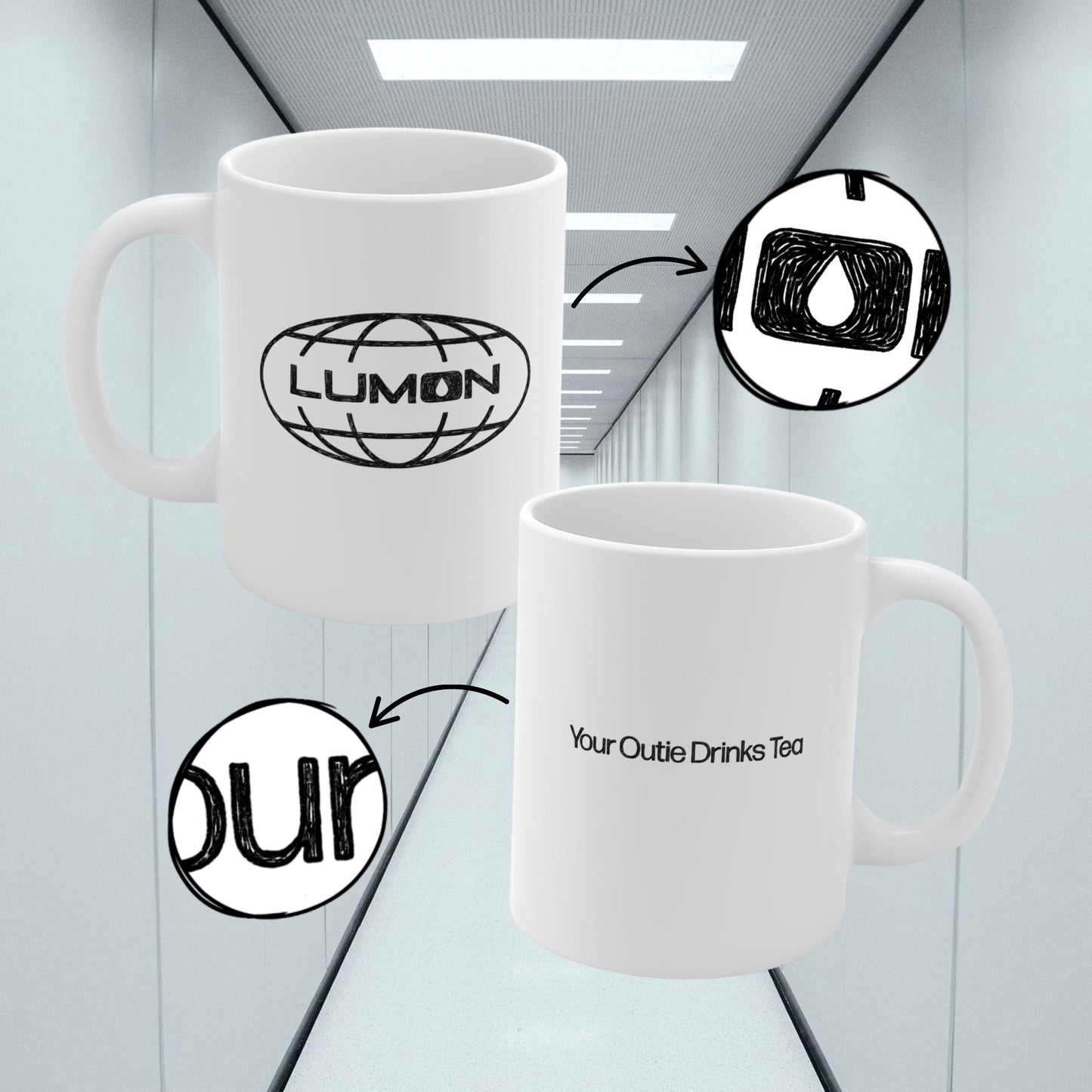 Lumon Mug - Your Outie Drinks Tea - Severance TV Show, Badly Drawn Original Art, Funny Graphic Mug